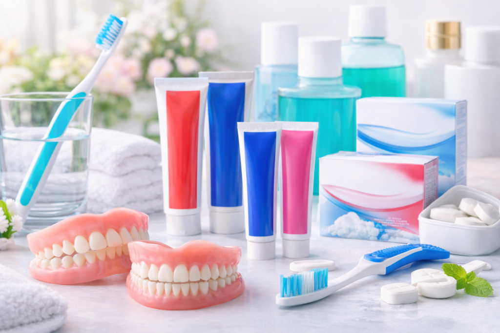 Großhandelsprodukte im Bereich Zahnpflege mit Zahnersatz, Haftcremes und professioneller Mundhygiene